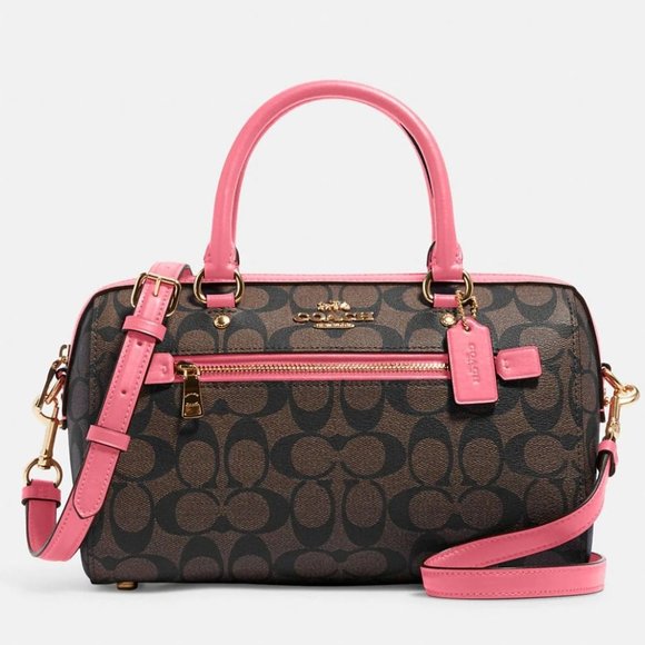NEW Coach Rowan Medium Satchel Brown & Watermelon Signature Crossbody Handbag - Picture 3 of 7